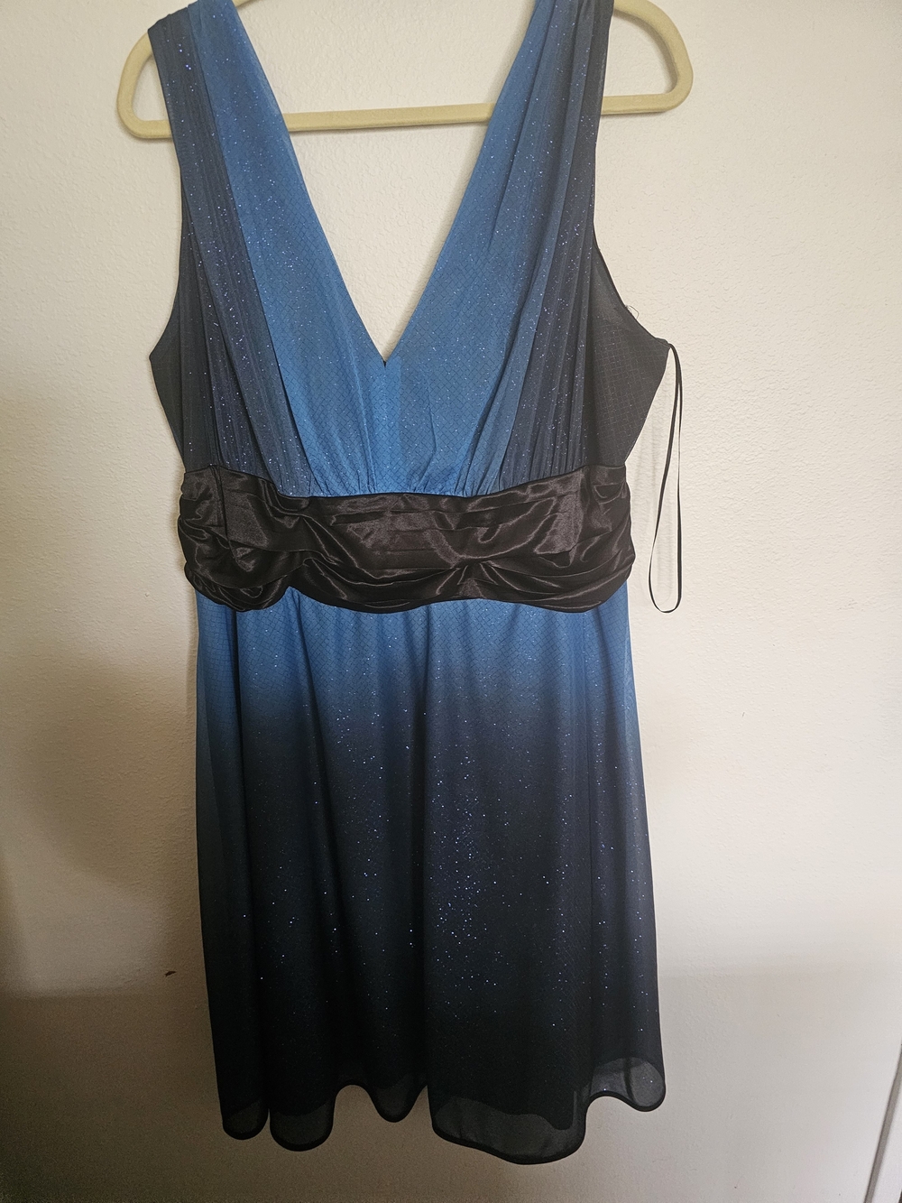 Blue Ombre V-Neck Evening Dress with Black Waist Sash